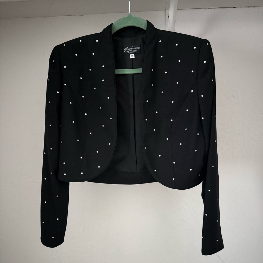 1980s Karen Lawrence Cropped Black Crepe Jacket with Rhinestones